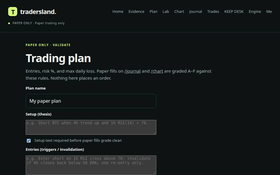 TradersLand plan grading — paper trade plan